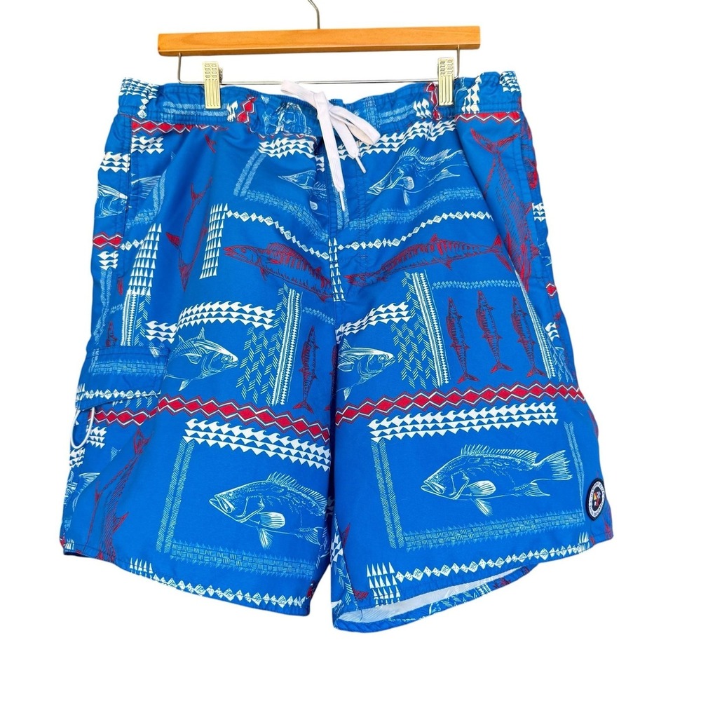 Newport Blue Swim Shorts Mens 2XL Blue Fish Print Nautical Mesh Lined Trunks